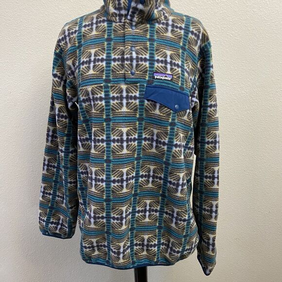 Patagonia Teal Blue White Brown Geometric Snap Fleece Pullover - Picture 3 of 8